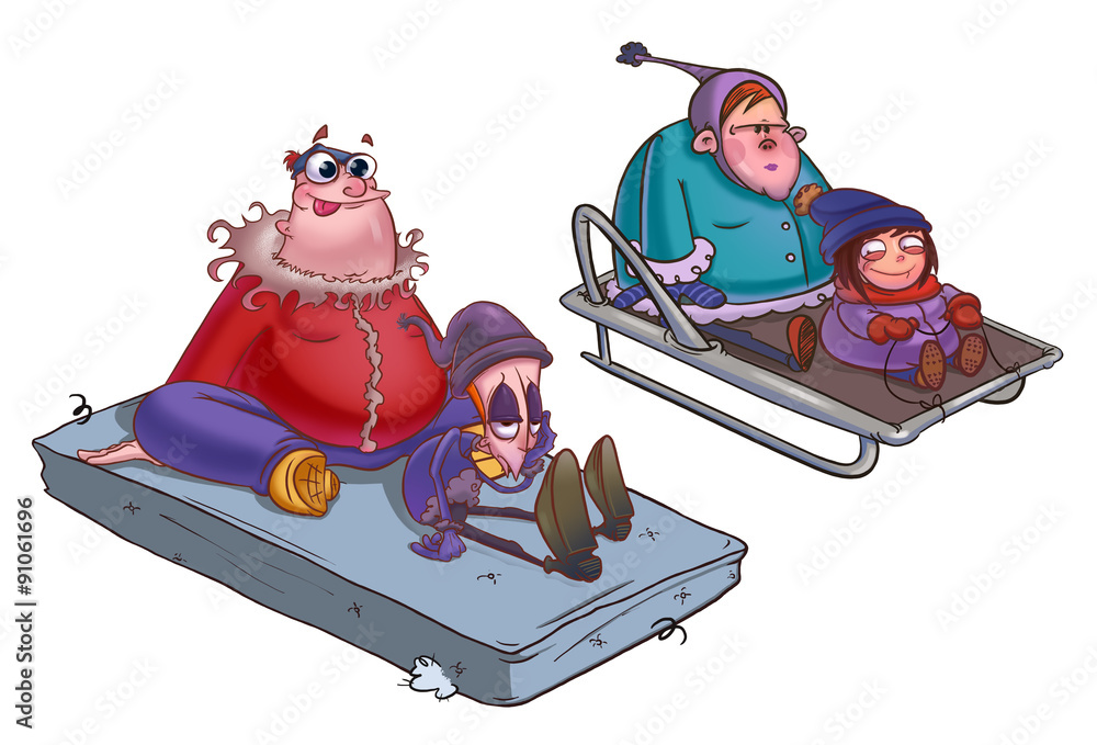Naklejka premium Riding on a sledge, two couples of boys and girls. Winter festivity illustration. Digital background raster image.