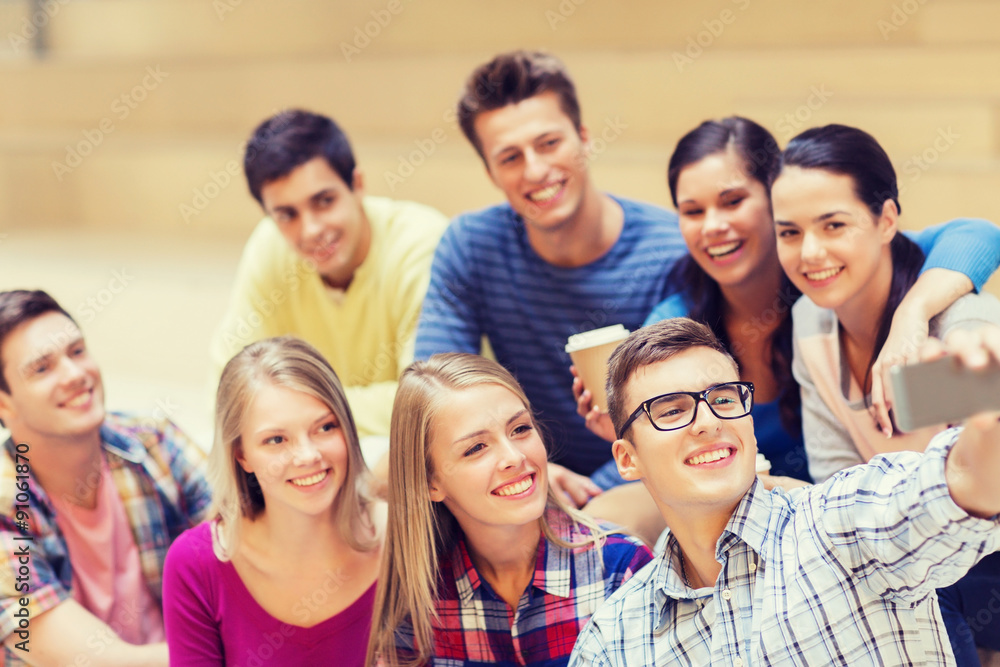 group of students with smartphone and coffee cup group of students with smartphone and coffee cup