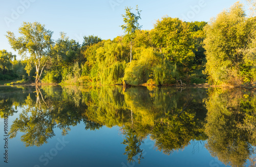 Sunny day on a calm river in summer