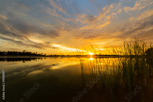 Calm lake and sunset landscape 