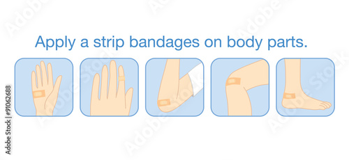 Tablou canvas Apply a strip bandages on body parts include hand, finger, elbow, knee and heel