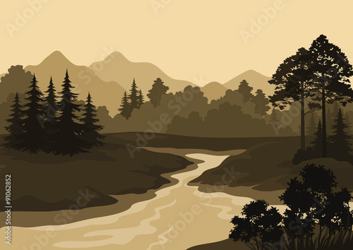 Landscape, Trees, River and Mountains