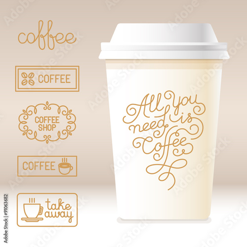 Vector take away coffee cardboard cup with linear design element