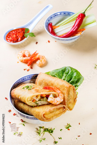 Spring rolls with vegetables and shrimps