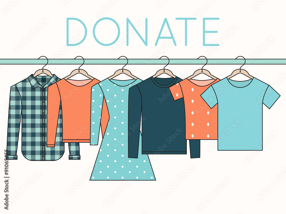 Shirts, Sweatshirts and Dress on Hangers. Donate Clothes Outline  Illustration Stock Vector | Adobe Stock