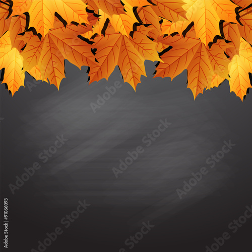 Frame of autumn leaves on black chalkboard.