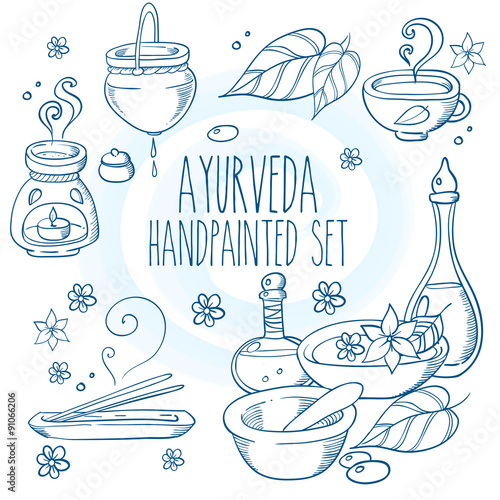 Icon item set ayurveda wellness, spa, with oil bottles, ingredients, water bowl, oil treatment sketch. Hand drawn doodle vector illustration.