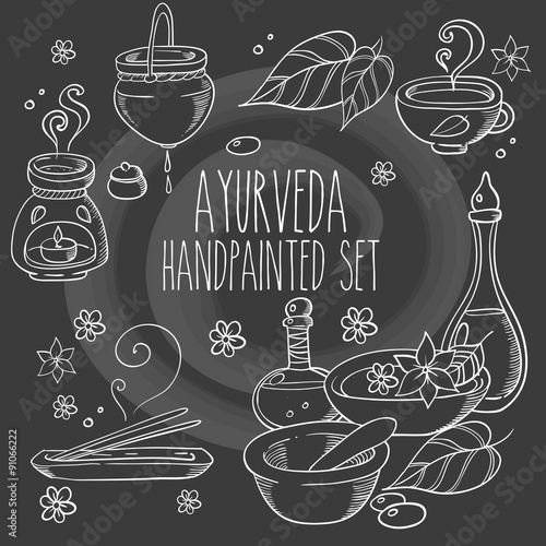 Icon item set ayurveda wellness, spa, with oil bottles, ingredients, water bowl, oil treatment sketch. Hand drawn doodle vector illustration.