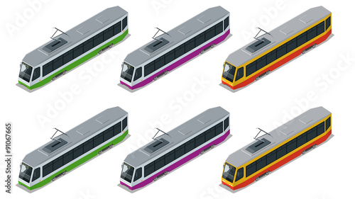 Flat 3d isometric illustration of a tram. Vehicles designed to carry large numbers of passengers