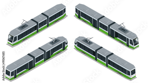 Flat 3d isometric illustration of a tram. Vehicles designed to carry large numbers of passengers