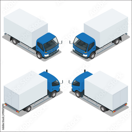 Flat 3d isometric high quality city transport icon set. Vector illustration cargo truck  small