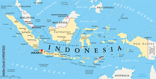Fototapeta Indonesia political map with capital Jakarta, national borders and important cities