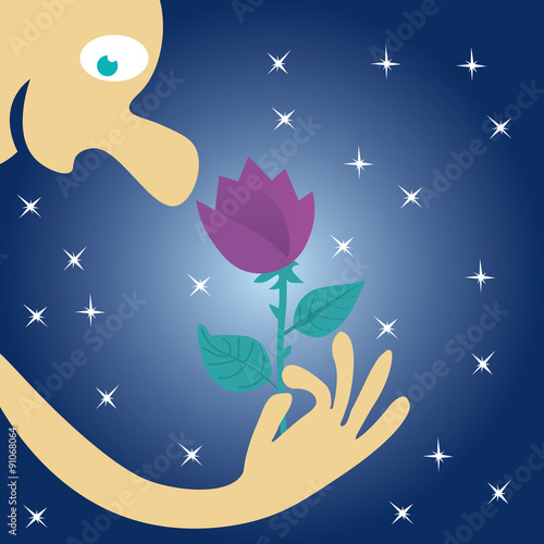 A man hold a flower in his hand and inhales its fragrance at night under the stars