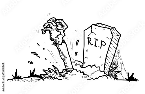 Grave Doodle, a hand drawn vector doodle illustration of a grave with the arm of a zombie sticking out from the ground.