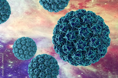 Human Papillomavirus type 16 on surrealistic background (HPV). A model is built using data of viral macromolecular structure from Protein Data Bank (PDB 3J6R). Elements of this image furnished by NASA photo