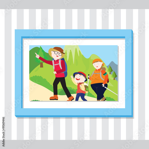 A picture of a family hiking up a mountain inside a blue frame.
