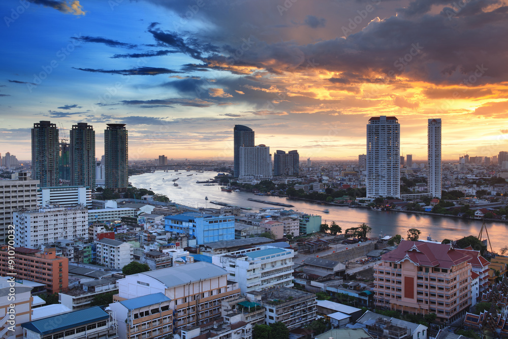 Bangkok City Skyline with Chao Phraya river, Thailand.