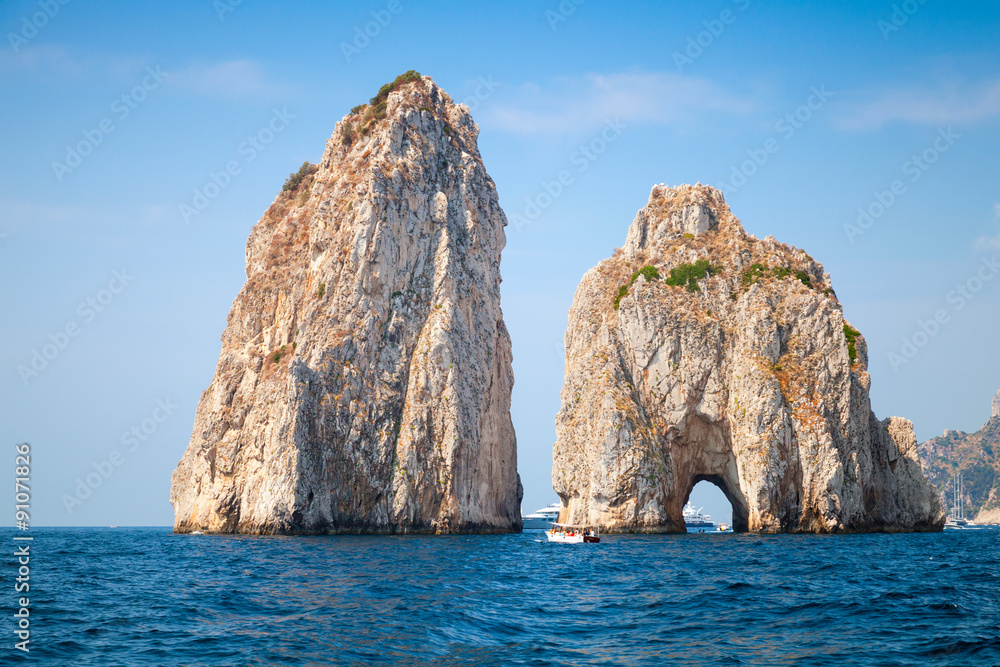 Capri island, Faraglioni rocks. Mediterranean Sea