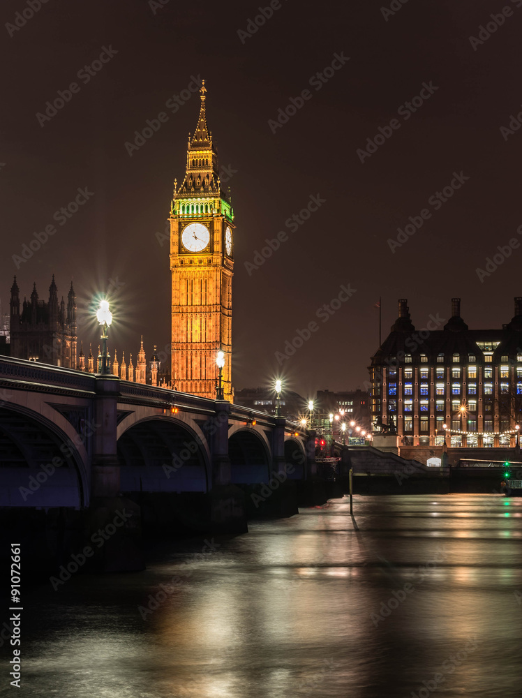 Big Ben, Westminster bridge and river Thames in night, London, UK.