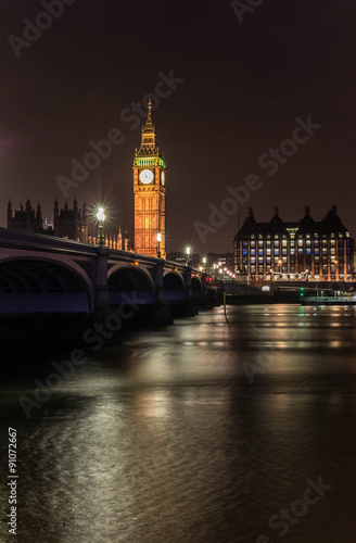 Big Ben  Westminster bridge and river Thames in night  London  UK.