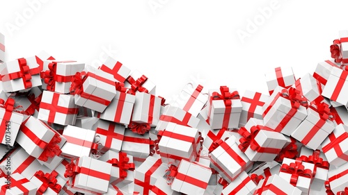 Background with many white with red ribbon gift boxes with copy-space