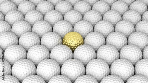 Golf balls abstract background with one gold in the middle