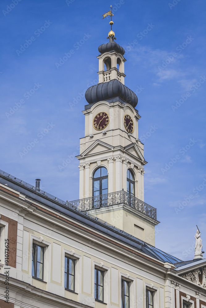  View of City hall tower and the main square in old city of Riga