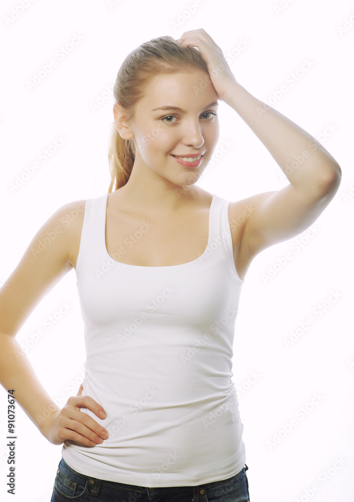 smiling woman in blank white t-shirt smiling woman in blank white t-shirt
