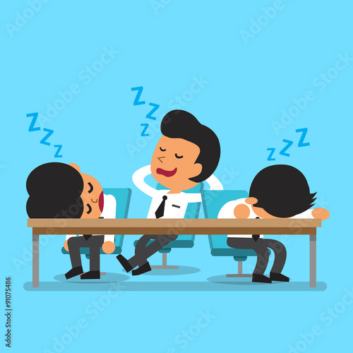 Cartoon business team falling asleep for design.