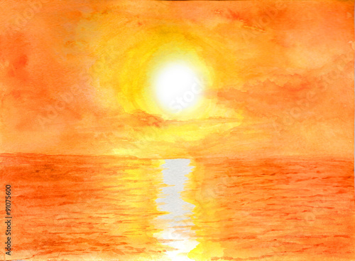 Sunset at the ocean in watercolor. photo