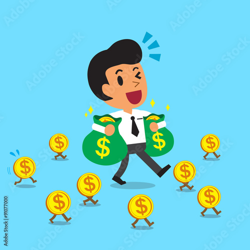 cartoon businessman carrying money bags and walking with money coins for design.