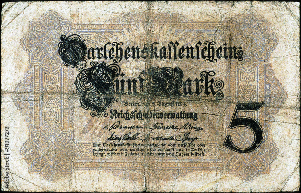 Historische Banknote, 5. August 1914, Fünf Mark, Deutschland