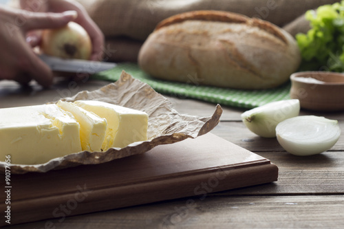 oil, salt , onion, a loaf of bread