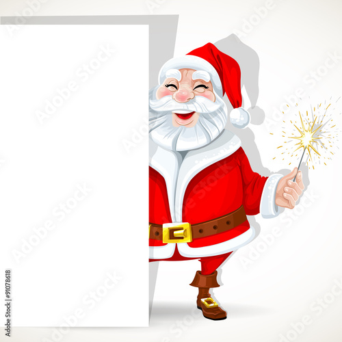 Cute Santa Claus hold big banner and sparkler