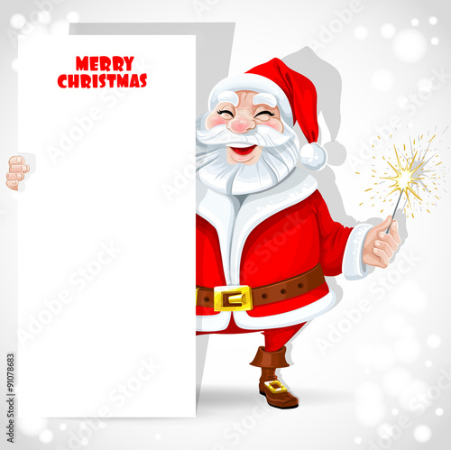Cute Santa Claus holding banner and sparkler