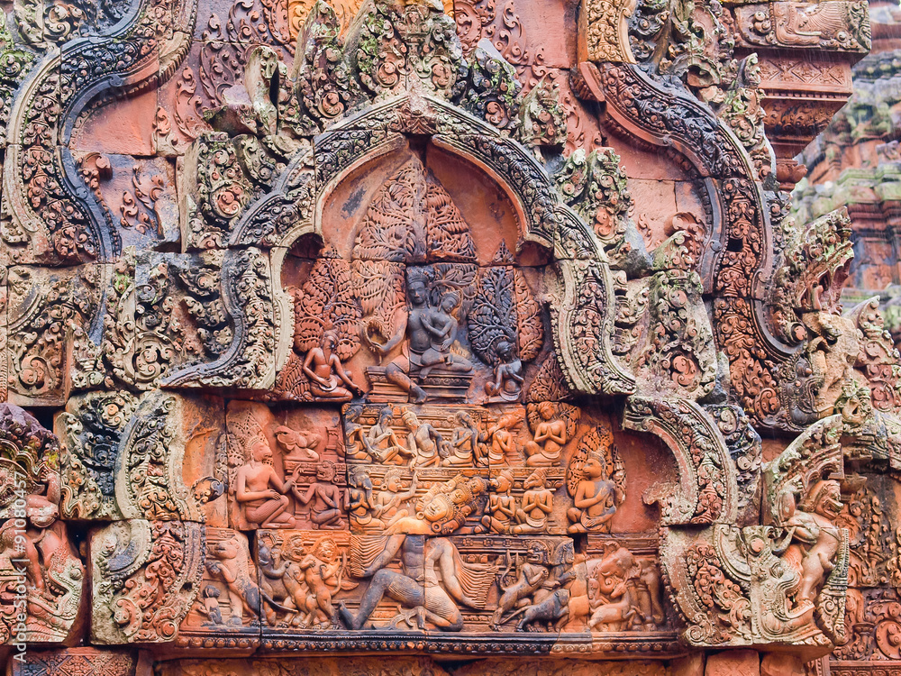 fine sandstone carving at bpraa-sàat banteay srei,Siem Reap,Cambodia