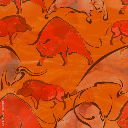 Seamless red background with bull and wild boar in tribal style.