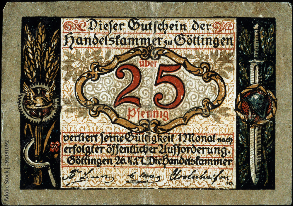 Historische Banknote, Notgeld, 26. April 1917, Fünfundzwanzig Pfennig, Deutschland
