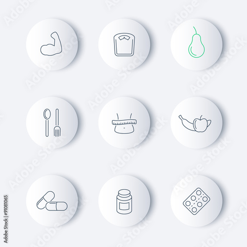 Diet, nutrition, thin line round icons