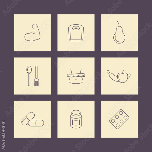Diet, nutrition, thin line square icons set, vector illustration, eps10, easy to edit
