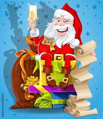 Santa Claus with gifts and champagne