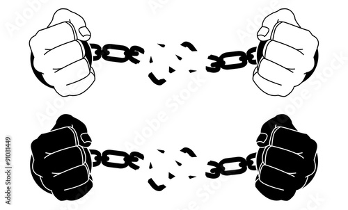 Male hands breaking steel handcuffs. Black and white