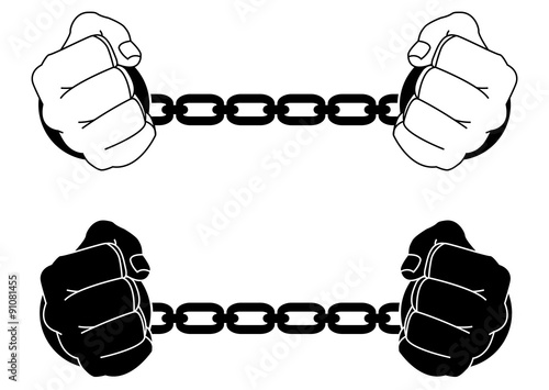 Man hands in strained steel handcuffs. Black and white