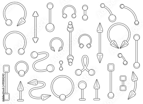 Set of silver body piercings jewelry. Contour