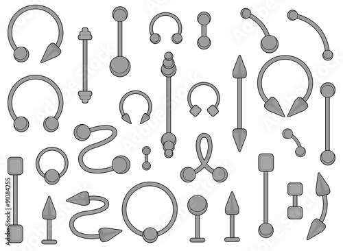 Set of silver body piercings jewelry