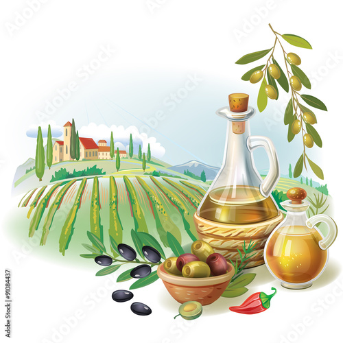 Bottles with Olive oil and rural landscape