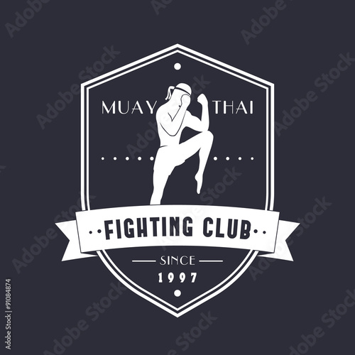 Muay Thai Fighting Club vintage emblem, logo, t-shirt print on shield