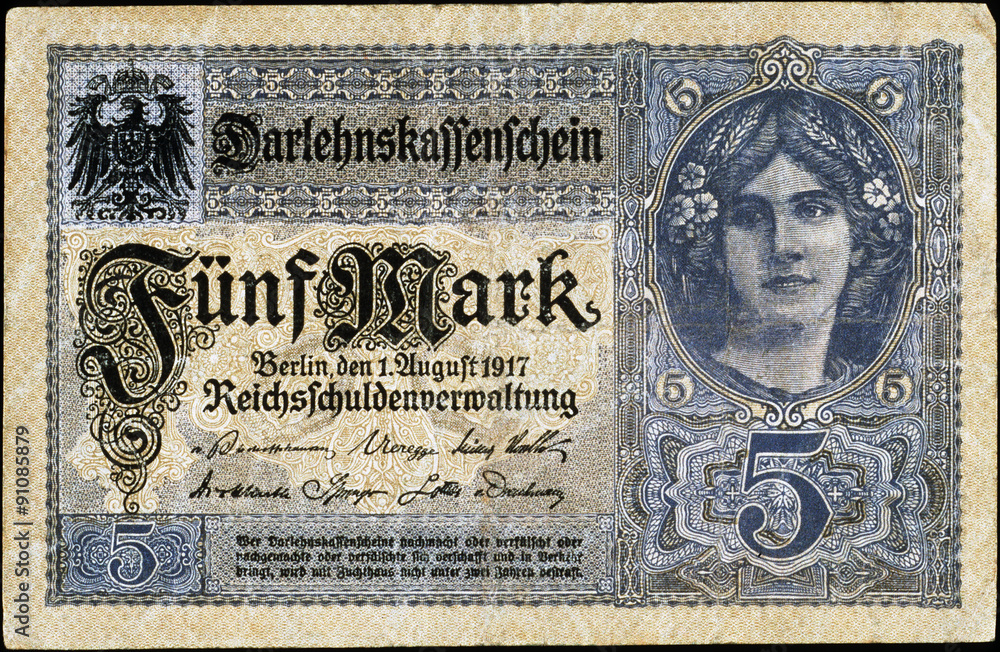 Historische Banknote, 1. August 1917, Fünf Mark, Deutschland