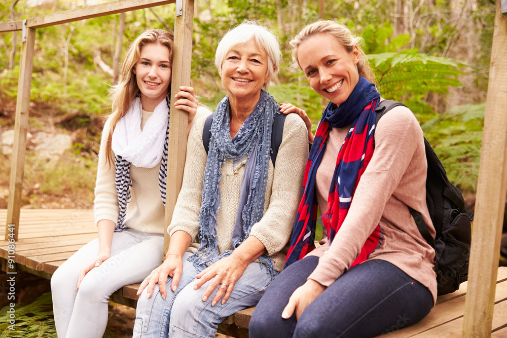 Fototapeta premium Three generations of women sitting in a forest, portrait