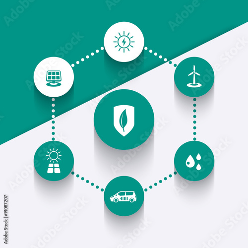 Alternative energetics, green ecologic technologies, round icons, vector illustration, eps10